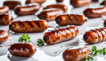 Close-up image of grilled miniature sausages arranged on a white surface, garnished with fresh parsley.の写真素材