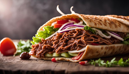 Close-up of a delicious meat wrap filled with fresh vegetables, served on a wooden surface.の写真素材