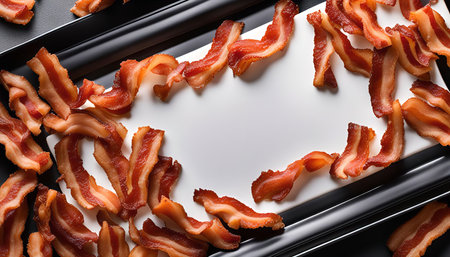 A close-up image of crispy bacon arranged on a black and white platter.の写真素材