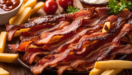 Close up image of a plate of crispy bacon strips with some french fries on the side.