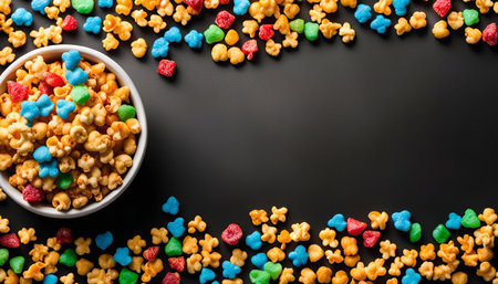 A bowl of colorful cereal with sprinkles on a black background.の写真素材