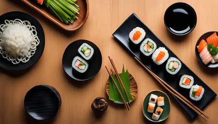 A flat lay arrangement showcasing a variety of Japanese sushi dishes on a wooden table, including nigiri, maki, and sashimi, with chopsticks, soy sauce, and wasabi. This culinary composition highlights the beauty and diversity of Japanese cuisine.の写真素材