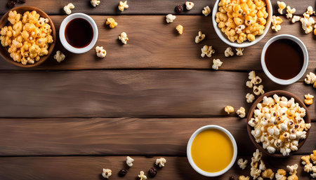 A flatlay view of a wooden table with four bowls of popcorn and sauces, perfect for a movie night.の写真素材