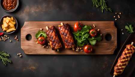 Grilled meat skewers with tomatoes and parsley on a wooden board.の写真素材