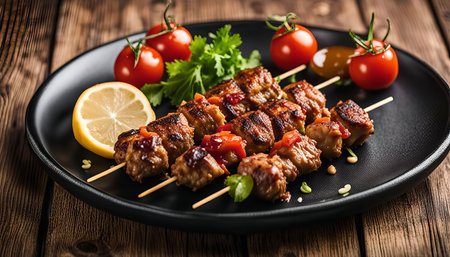 Close-up of a plate of grilled chicken skewers with tomato and lemon.の写真素材