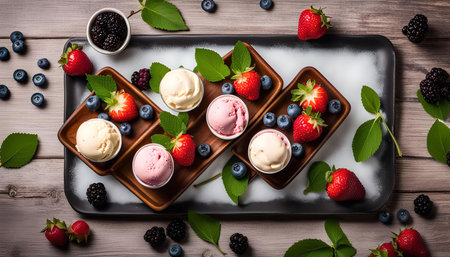 Ice cream scoops with fresh strawberries, blueberries, and blackberries on a wooden tray. The colorful fruits add a vibrant touch to the creamy dessert.の写真素材