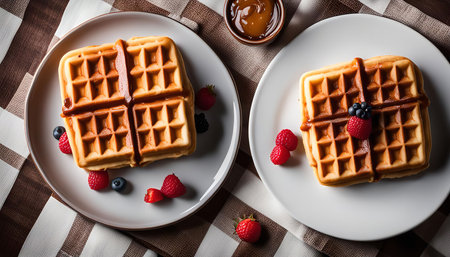 Two crispy waffles topped with caramel drizzle and fresh berries, presented on white plates against a checkered tablecloth background.の写真素材