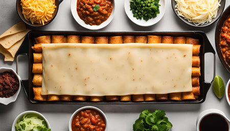 A close-up shot of homemade enchiladas ready to be baked in the oven. The enchiladas are arranged in a baking tray and topped with a layer of melted cheese.の写真素材