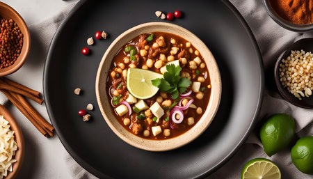 A bowl of spicy chickpea stew garnished with fresh lime wedges, cilantro leaves and red onion rings. It's a hearty and flavorful dish perfect for a satisfying meal.の写真素材