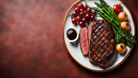 Close-up shot of a grilled steak with asparagus, tomatoes, and a side of sauce on a white plate.の写真素材