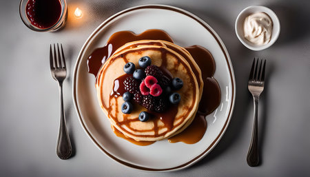 Close-up of a stack of pancakes topped with fresh berries and drizzled with caramel sauce. The dish is arranged on a white plate with a fork on each sideの写真素材