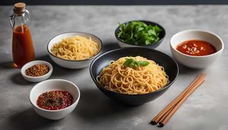 A bowl of noodles with a garnish of basil, surrounded by various sauces and condiments.の写真素材