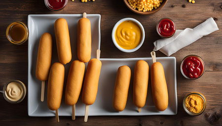 A plate of corn dogs with dips such as ketchup and mustard, surrounded by various other condiments on a wooden table.の写真素材