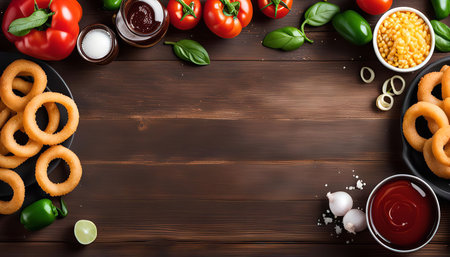 Close-up overhead shot of a plate of onion rings, a bowl of tomato, a bowl of corn, green pepper, garlic, lime, and sauce on a brown wooden table.の写真素材