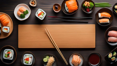 A top-down view of a spread of sushi, including nigiri, maki, and sashimi, with chopsticks and soy sauce on a wooden cutting board and plates on a wooden background.の写真素材