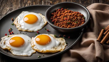 Three perfectly fried eggs with runny yolks served with ground meat and cinnamon sticks on a black plate.の写真素材