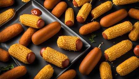 A close up shot of corn dogs on a black background. The corn dogs are fried and golden brown. There is a small plate with ketchup in the background.の写真素材