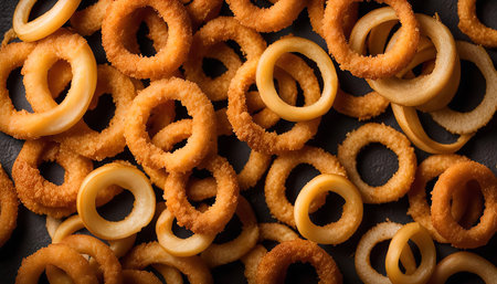 A close-up image of a pile of crispy onion rings. The rings are golden brown and breaded, and they appear to be freshly cooked. The image is taken from a close-up perspective, focusing on the texture and detail of the rings.の写真素材