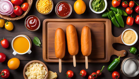 A delicious spread of corn dogs with a variety of dips and toppings, perfect for a party or a fun dinner.の写真素材