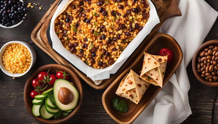 Couscous with beans, avocado, tomatoes, and blueberries on a wooden table, with tortillas for a meal preparation.の写真素材