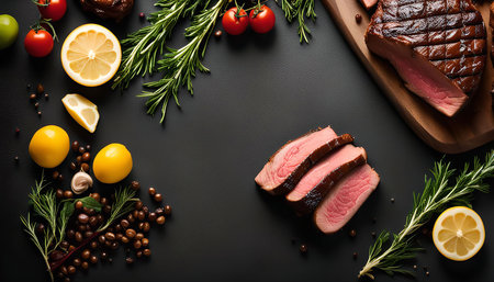 A close-up view of grilled steak with lemon slices, rosemary sprigs, and peppercorns on a dark background. The image is a still life showcasing the delicious ingredients and preparation of this meal.の写真素材