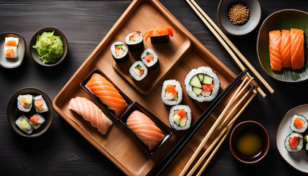 An overhead view of a sushi platter with assorted rolls, nigiri, and sashimi arranged on a wooden tray. The platter is set on a black background with chopsticks, soy sauce, wasabi, and ginger.の写真素材