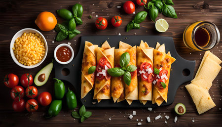 Close-up shot of a delicious Mexican enchiladas dish with fresh ingredients like tomatoes, cheese, corn, basil, salsa, and jalapenos. The enchiladas are laid out on a wooden table, ready to be enjoyed.の写真素材