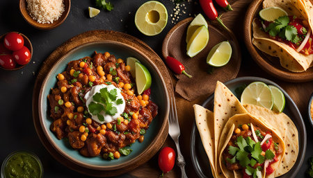 A plate of chili, a traditional Mexican dish, with lime wedges and cilantro, served with tacos, a classic street food, with fresh cilantro and salsa, all set on a wooden table.の写真素材