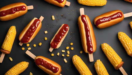 A close-up shot of hot dogs and corn on the cob arranged on a dark surface. The hot dogs are topped with ketchup and placed on wooden sticks.の写真素材