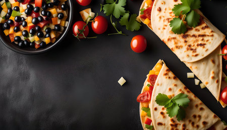 A close-up shot of two quesadillas, filled with a variety of fresh ingredients and cheese, topped with cilantro. The image is a perfect representation of a delicious and satisfying meal.の写真素材