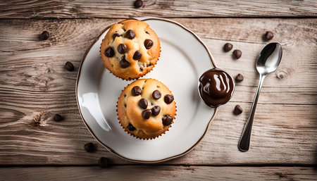 Two freshly baked chocolate chip muffins with chocolate sauce on a white plate, resting on a wooden table, for a sweet and tempting treat.の写真素材