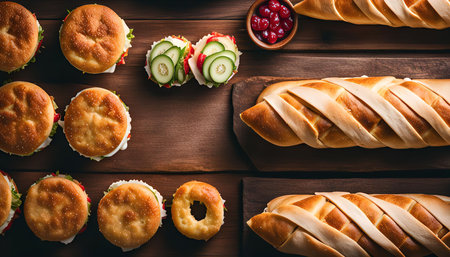 Close-up of a wooden table with a variety of freshly baked bread and sandwiches, perfect for a delicious meal.の写真素材