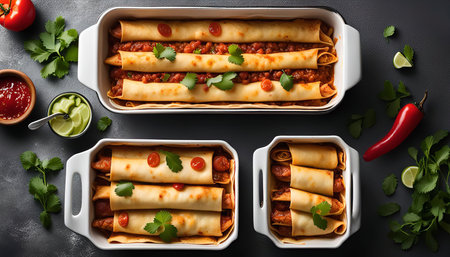 A close-up shot of a dish of enchiladas, showing their red and green colors, fresh garnishes, and a tempting aroma.の写真素材