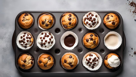 A close-up shot of a tray of chocolate chip muffins with a variety of toppings, including whipped cream and chocolate glaze. The muffins are arranged in a baking tray, with some of them already topped with their desired toppings.の写真素材