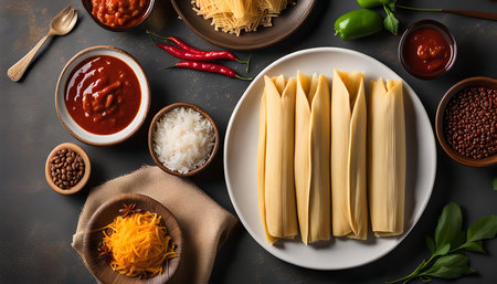 A plate of tamales ready to be served with various ingredients.の写真素材