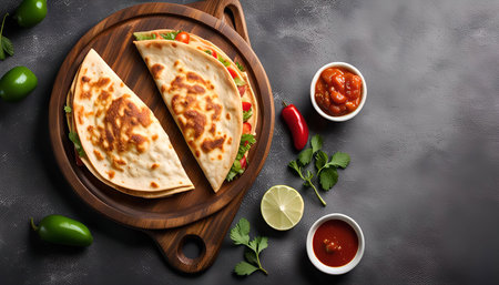 Two delicious quesadillas are shown on a wooden board, accompanied by red salsa, a lime wedge and jalapenos, with cilantro sprigs around the board.の写真素材