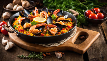 A closeup of a pan of traditional Spanish Paella with fresh shrimps, mussels, and a lemon slice. The dish is served on a wooden table with various herbs, garlic, and tomatoes.の写真素材