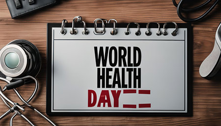 Close-up of a calendar with the words 'World Health Day' written on it, along with a stethoscope and other medical equipment.の写真素材