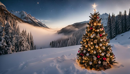 A beautifully decorated Christmas tree stands tall in a snowy mountain landscape, illuminated by twinkling lights against a backdrop of a starlit sky and fog-covered valley.の写真素材