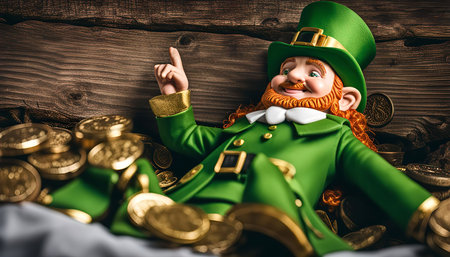 A leprechaun in a green hat and suit is lying in a pot of gold coins, smiling and pointing upwards.の写真素材