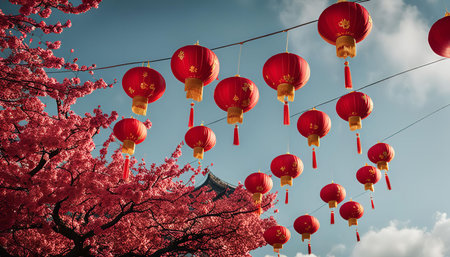 Red Chinese lanterns hanging from wires against a blue sky with cherry blossoms in the foreground.の写真素材