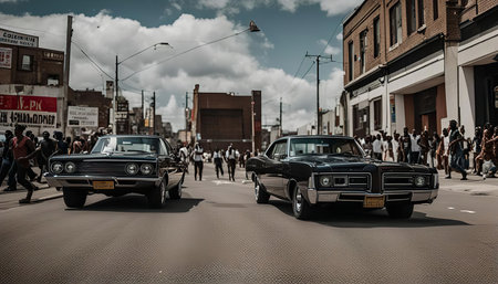 Two classic black cars driving down a city street with people walking on the sidewalk.の写真素材