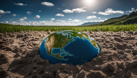 A close-up shot of a globe partially buried in sand, with a field of grass and a blue sky with clouds in the background. This image symbolizes the fragility of our planet and the need to protect it.の写真素材