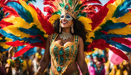A woman in a vibrant, colorful costume participates in a carnival celebration, showcasing the energy and joy of the event.の写真素材
