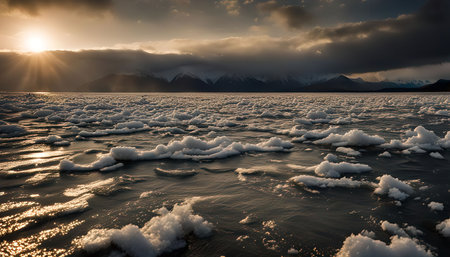 A dramatic sunset casts golden rays over a frozen sea, with ice floes drifting across the water and...