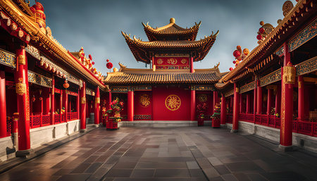 A spacious courtyard in a traditional Chinese temple. The red and gold colors of the building and decorations create a festive atmosphere.の写真素材