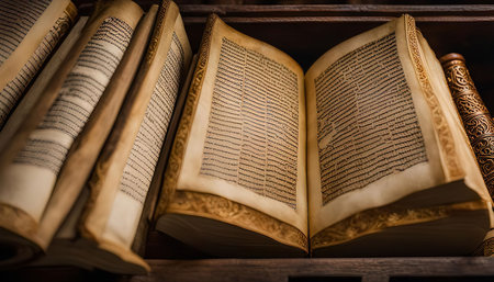 A collection of ancient books with parchment pages and ornate details on a wooden shelf.の写真素材