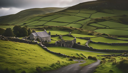 A stone cottage nestled in the Irish hills, surrounded by green fields and stone walls. A path leads up to the cottage, with a gate opening into a grassy courtyard.の写真素材