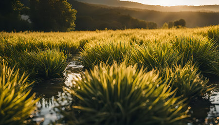 A scenic view of a rice paddy field bathed in the warm glow of the setting sun. The lush green rice plants are illuminated by the golden light, creating a beautiful and tranquil scene.の写真素材