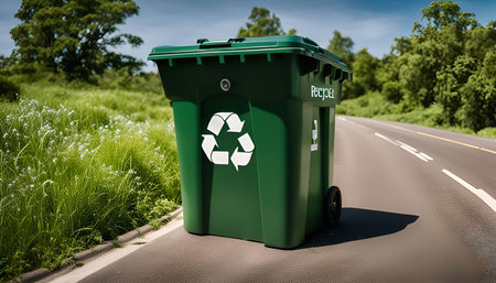 A green recycling bin stands on the side of a road, with lush greenery on the other side, promoting the importance of recycling and environmental consciousnessの写真素材